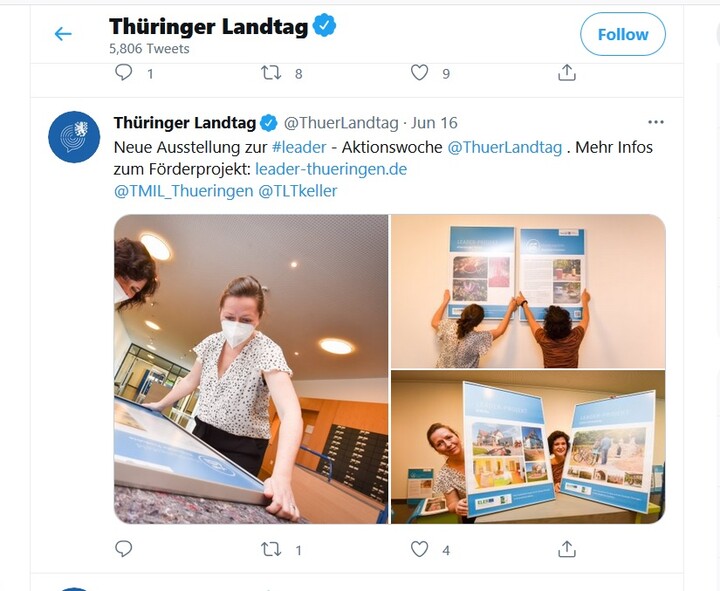 LEADER-Ausstellung auf Twitter (Abbildung: Auszug vom Twitter-Kanal des Thüringer Landtags)